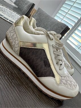 Michael Kors Beige, Cream & Brown Logo Lace-Up Sneakers